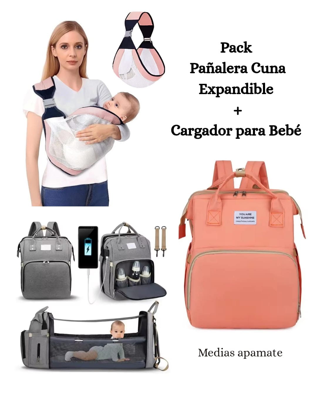 Pack Bolso Pañalera Cuna + Cargador para Bebé
