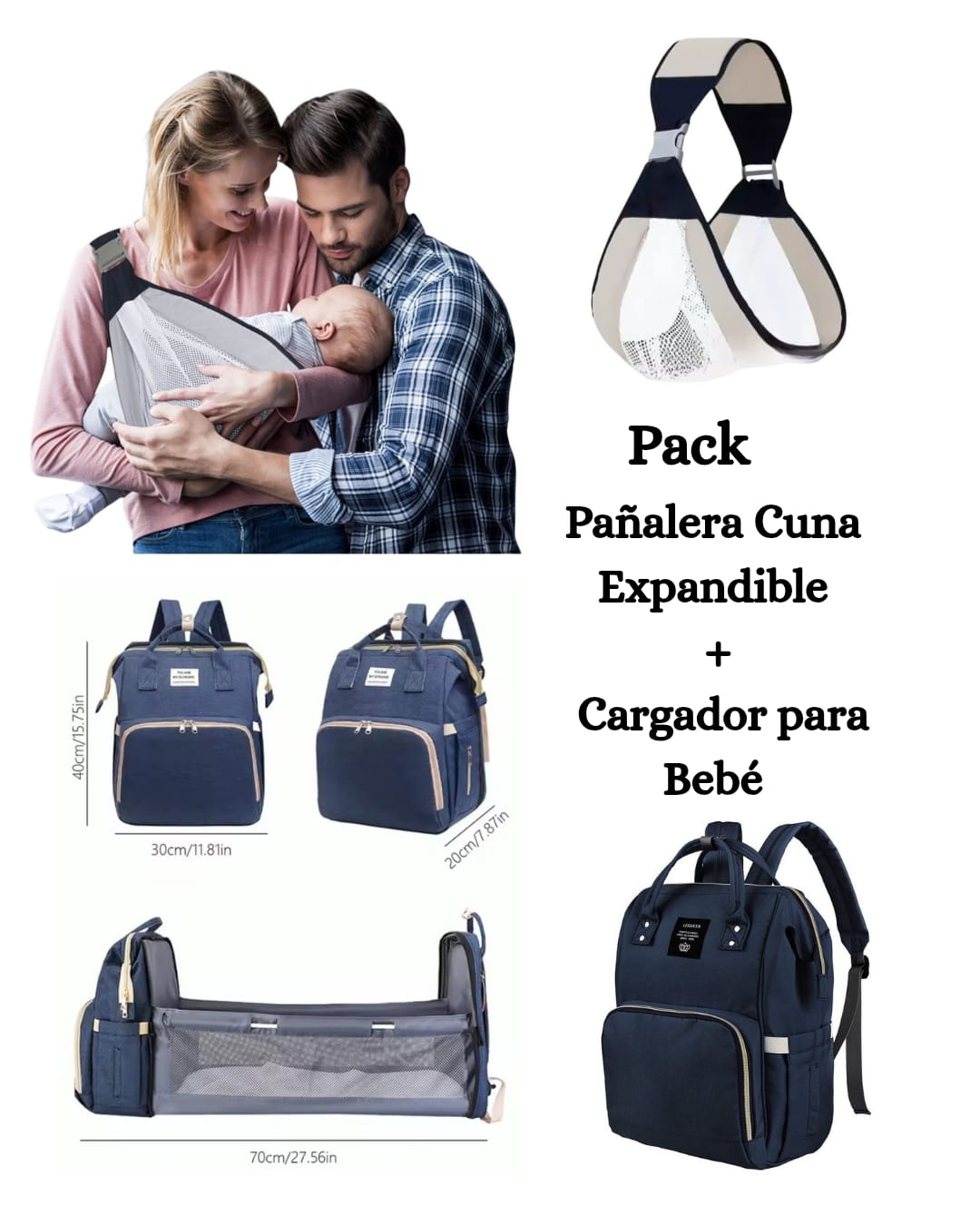Pack Bolso Pañalera Cuna + Cargador para Bebé