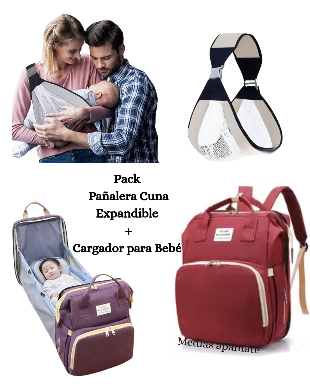 Pack Bolso Pañalera Cuna + Cargador para Bebé