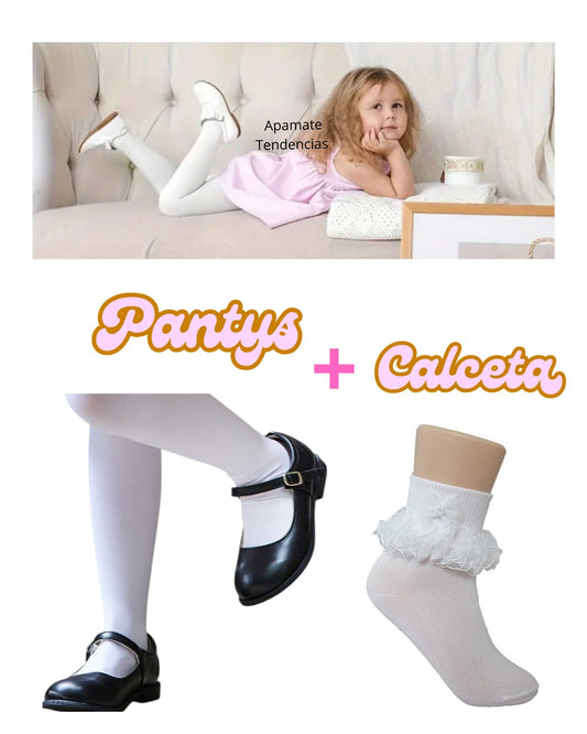 Pack Pantys Blanca para niña + Calceta con encajes.