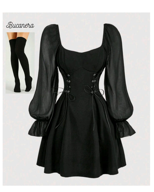 Vestidos Negro trenzado a los lados + Calceta Bucanera