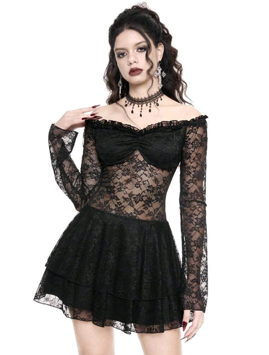 Vestido Gótico de encajes hombros descubierto espalda transparente + Calceta Bucanera
